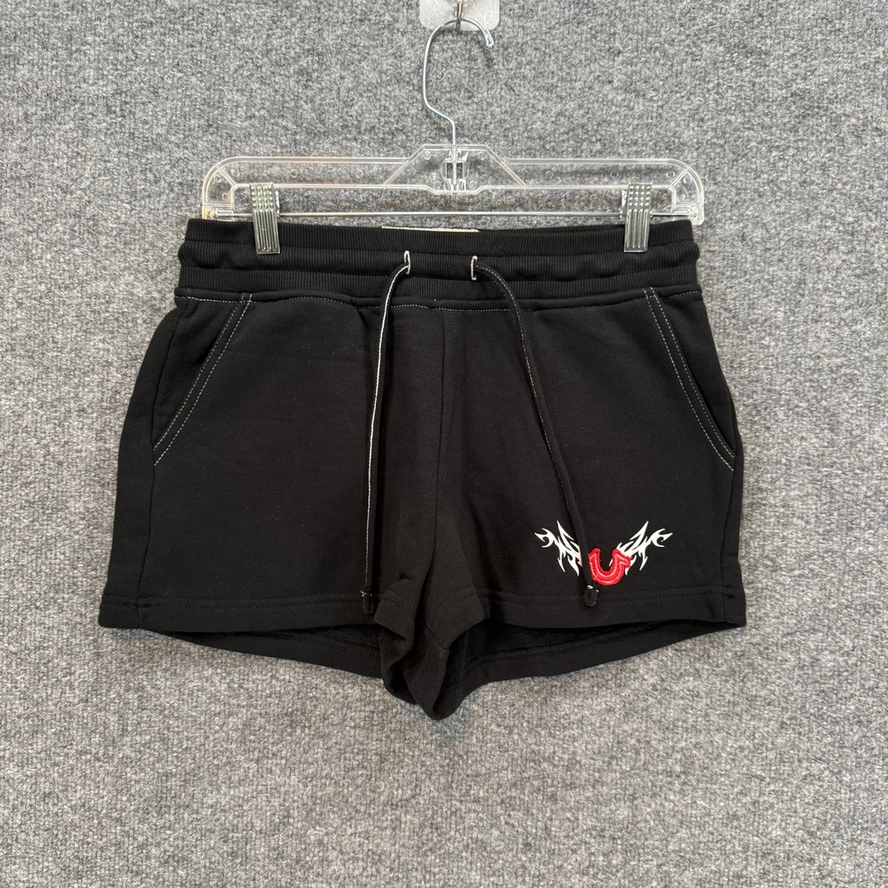 True Religion Sweat Shorts Womens XS Black Flame Graphic Y2K Lounge Gym Casual - Picture 2 of 10